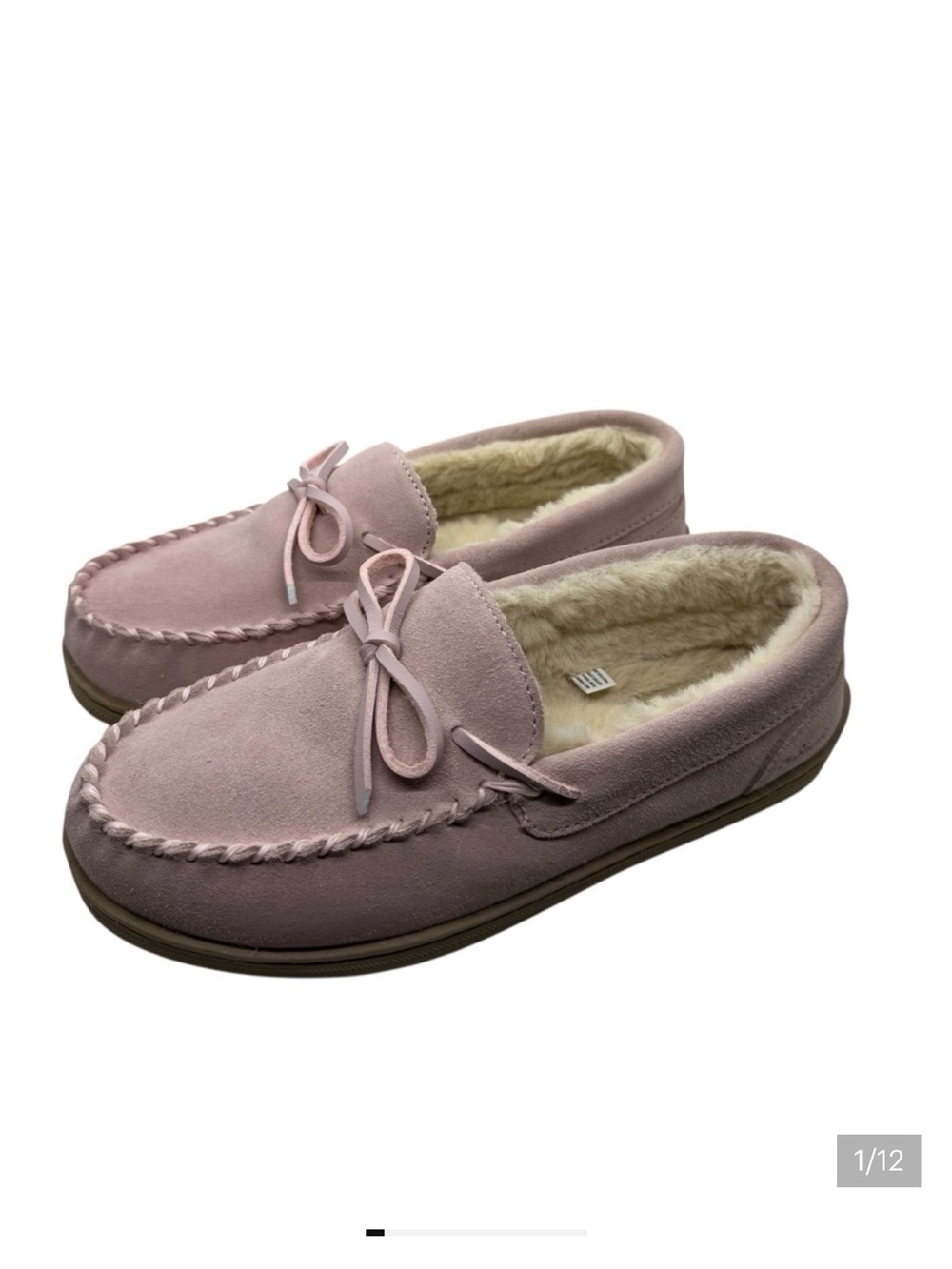 My Slippers Pink Moccasin Leather Women Size 8 Faux Fur Lined Rubber Sole NEW